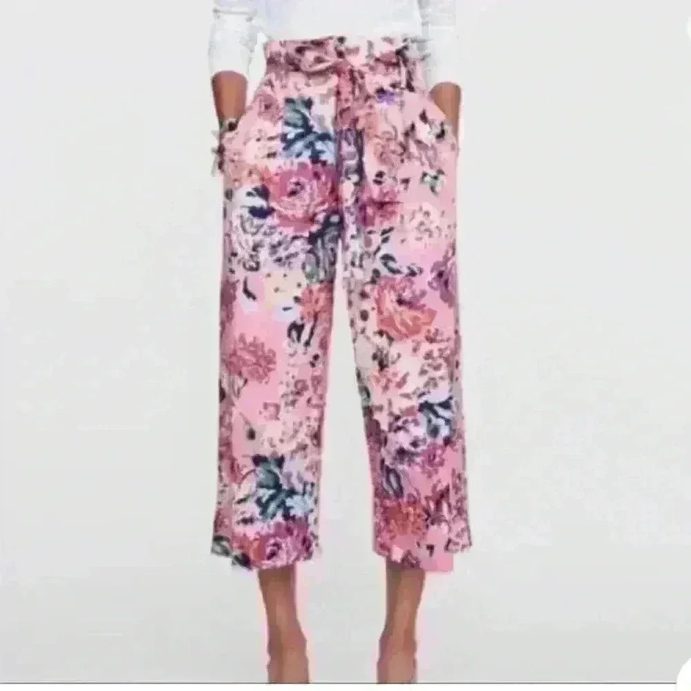 Zara Pink Floral Wide Leg Pants Tie Waist High Rise- Size Extra Small